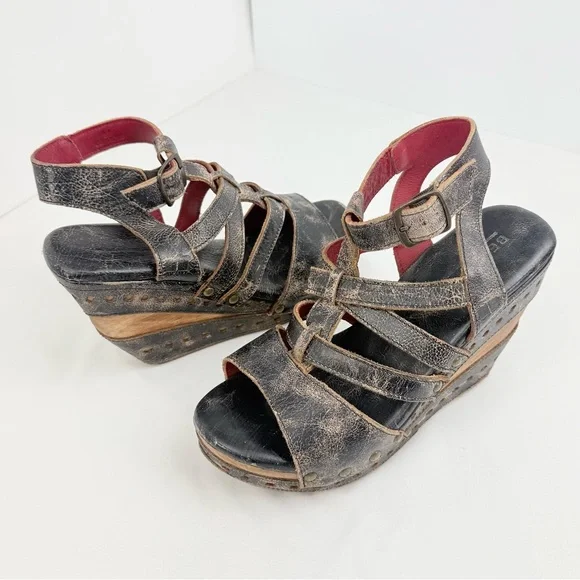 Bed Stu Brown Leather Wood Wedge Strappy Gladiator Sandals - Picture 6 of 14